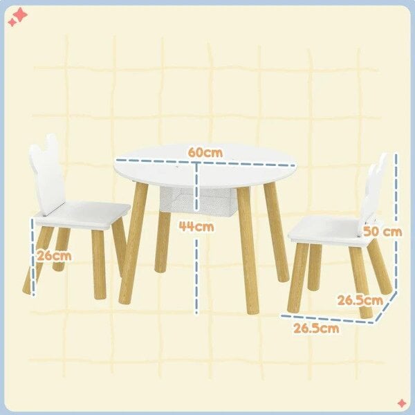 Bobobiy 3-Piece Kids Activity Table Set with Centre Mesh Bag, Bear-Shaped Backrest, for Arts and Crafts, Reading, White