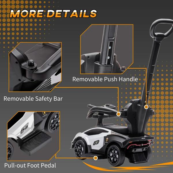 White and black ride-on push car with removable push handle and safety bar