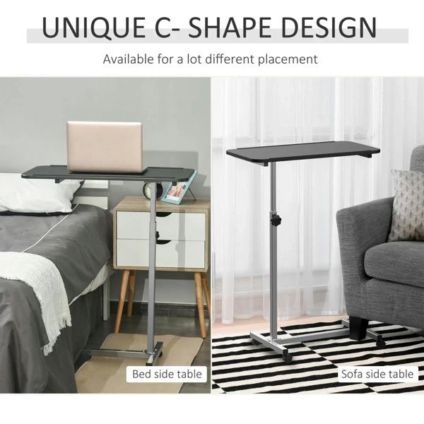 Black C-shaped side table with height-adjustable stand and caster wheels