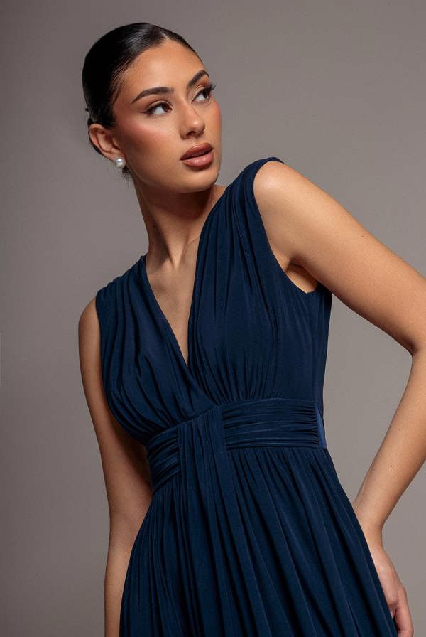 Gathered Shoulder Wrap Neck Draped Waist Maxi Dress - Navy Blue DR5005