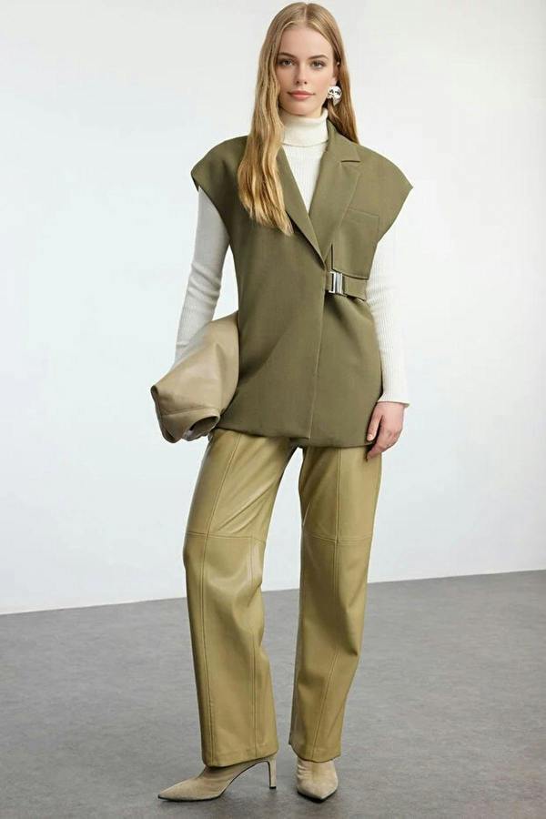 WOVCOR Double-Breasted Woven Fabric Vest with Buckle Accessory