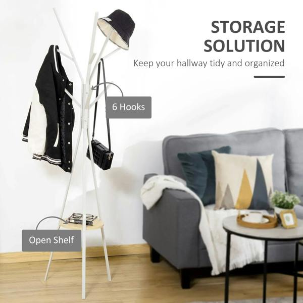 White metal coat rack with open round shelf and 6 hooks for coats, hats, and bags
