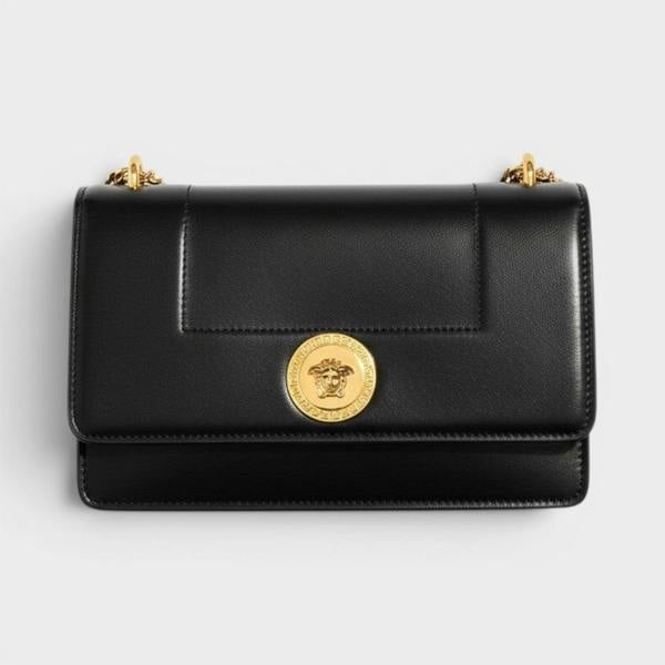 Versace Logo Medusa Shoulder Bag Leather Black Gold Tone