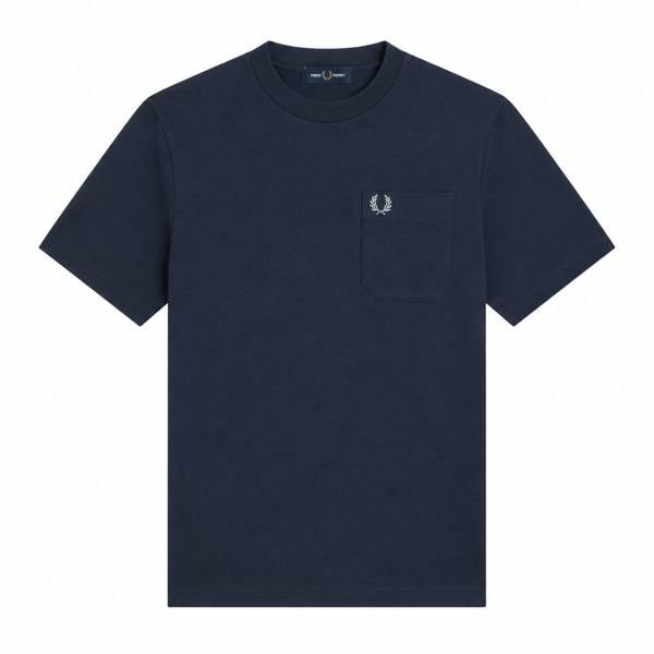 Dark airforce blue Fred Perry relaxed fit cotton t-shirt with a chest pocket and embroidered white laurel wreath logo.