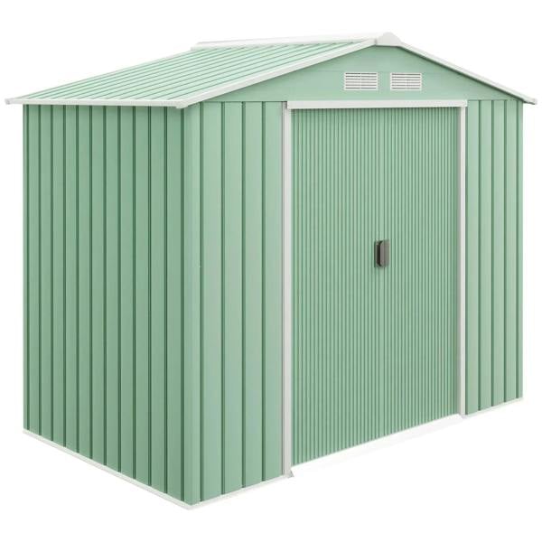 Light green metal garden shed side panel with door and ventilation vents