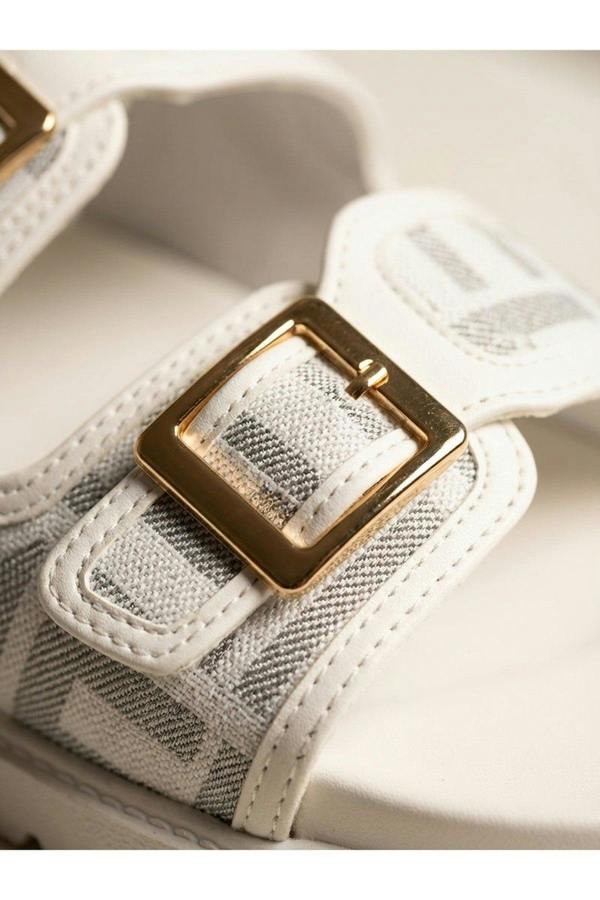 Willow Patterned Buckle Sandals - White