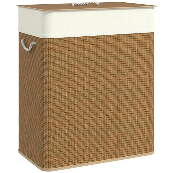 Brown woven laundry hamper with lid, white removable liner, rope handles