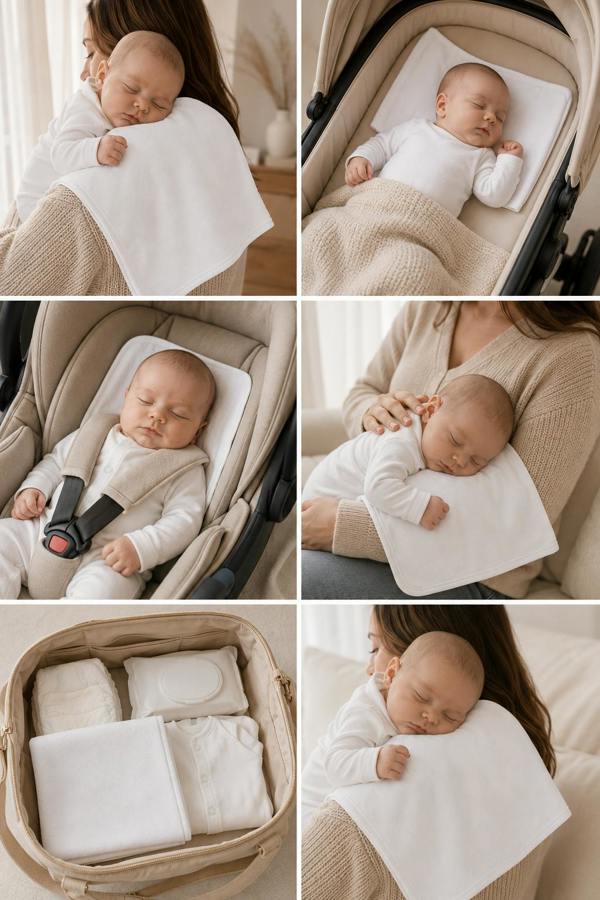 Lifestyle collage showing Prima Cotton’s Organic Burp Cloth for Sensitive Skin used on a parent’s shoulder, in a pram, car seat, changing bag, on a parent’s lap and during everyday cuddles to create a soft organic cotton contact layer for delicate skin.
