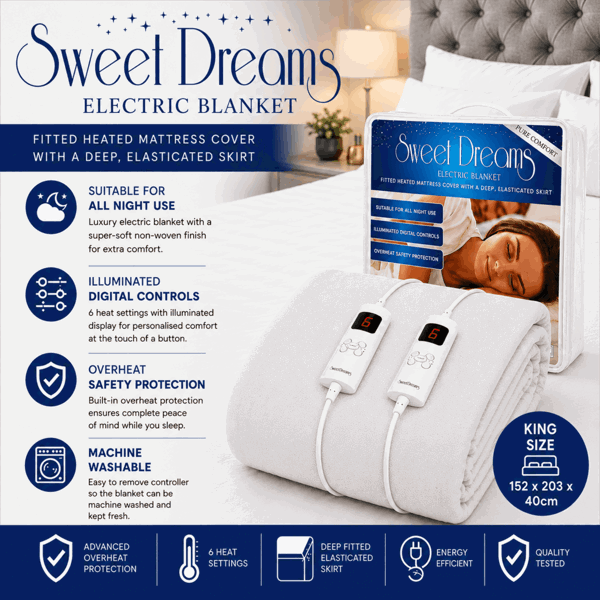 Sweet Dreams Electric Blanket King Size Bed Size Machine Washable Elasticated Skirt - Overheat Protection