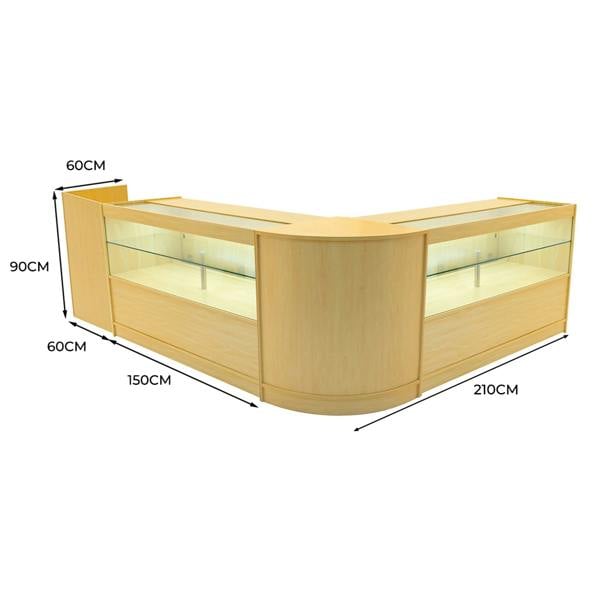 Phoenix LED Shop Counter Set in maple finish, featuring curved design, glass display sections, and dimensions of 210cm x 90cm x 60cm