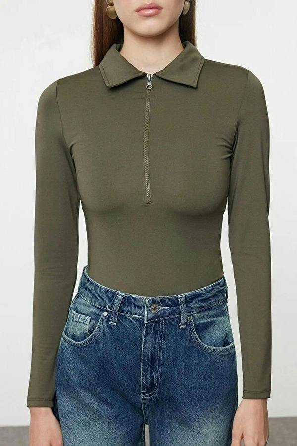 WOVCOR Zipper Collar Detailed Knit Bodysuit