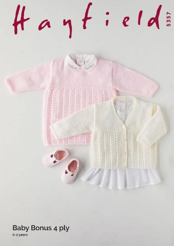 Hayfield Baby Bonus 4 Ply Knitting Pattern 5357, Cardigans, Dresses for Baby, 0 - 2 Years