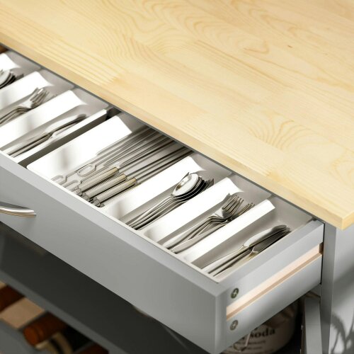 Wyld Haus Lehari Grey Wooden Rolling Kitchen Island With Drawer Wine Rack Door Cabinets And Natural Wood Top