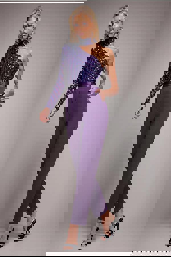 One Shoulder Sequin Jumpsuit - Purple TR293