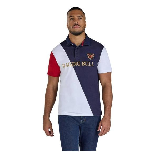 Raging Bull Mens Diagonal Stripe Pique Rugby Polo Shirt - Navy/White/Red - 
