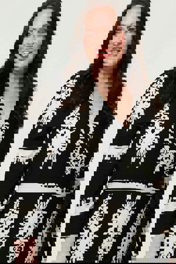 Black | Curve Ikat Print 3/4 Sleeve Wrap Maxi Dress