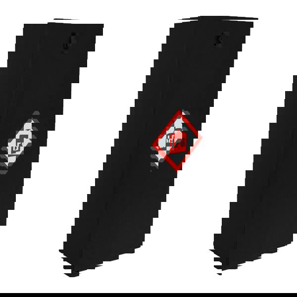 Black gas bottle locker designed for 6kg bottles, featuring a red LPG warning label and a secure locking mechanism for safety