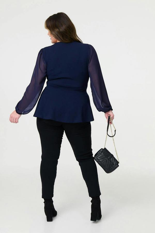 Navy | Curve Sheer Sleeve Wrap Front Blouse