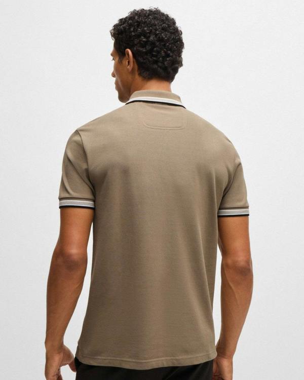 BOSS Green Paddy Mens Cotton-Piqué Polo Shirt with Contrast Logo - Light Brown 336 - CHO - Designer Mens Short Sleeve Polo Shirts