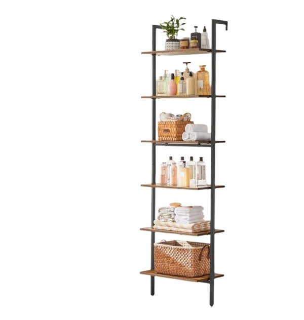 Modcraft 6-Tier Industrial Ladder Shelf, Rustic Brown & Black Tall Bookshelf for Home or Office