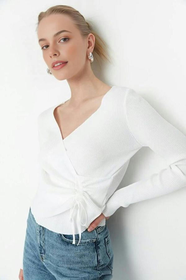 WOVCOR Double-Breasted Knit Sweater with Gathering Detail
