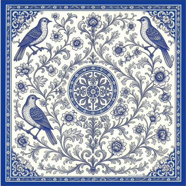Blue Chinoiserie Birds Twill Silk Scarf – Printed Mulberry Silk, Hand-Rolled Hem