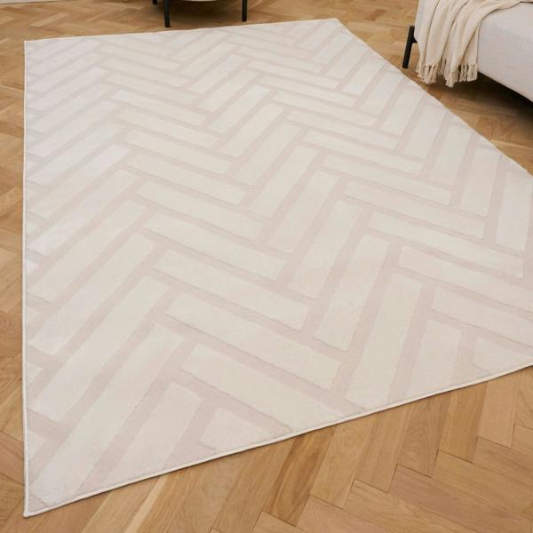Beige area rug with geometric pattern on a wooden floor