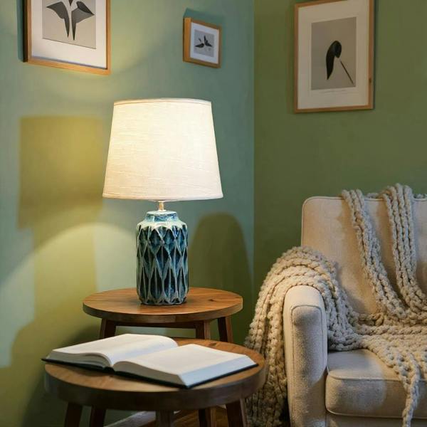 40CM BLUE CERAMIC  LAMP AND SHADE