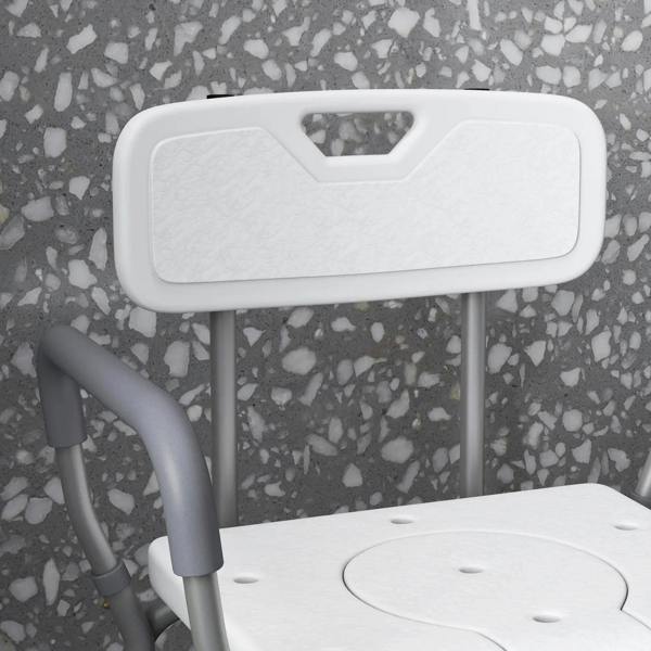 White shower stool close-up of backrest and seat with circular commode opening