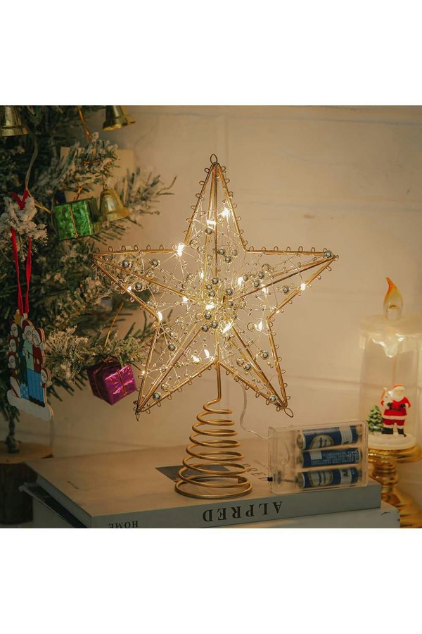 Living and Home Modern Metal Pre-Lit Star Christmas Tree Topper with Beads