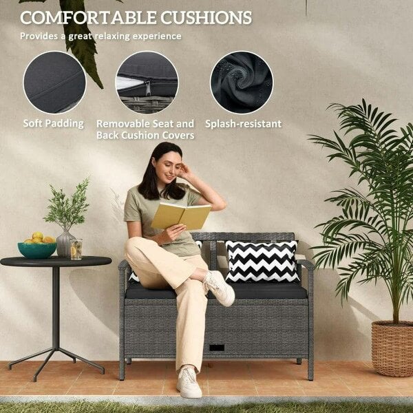 160L Storage Two-Seater Rattan Bench - Grey
