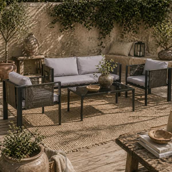 Wyld Haus Vafa 4 Seater Brown Rattan Rope Garden Furniture Set woth Tempered Glass Coffee Table Sofa and 2 Armchairs