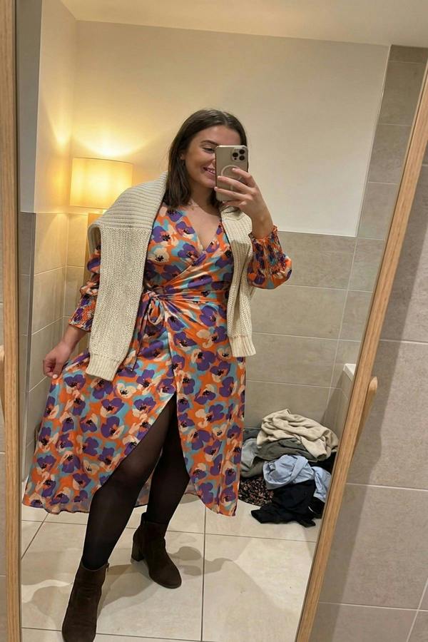 Haniya Wrap Front Printed Midi Dress - Orange