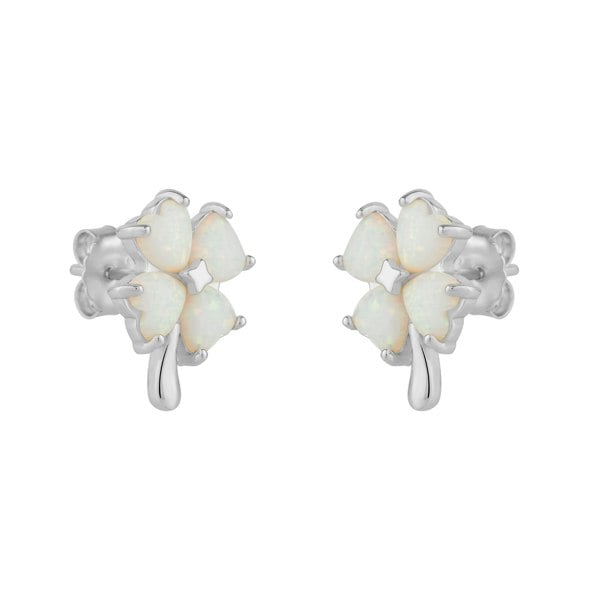 Spero London White Opal Four Leaves Clover Sterling Silver Stud Earring