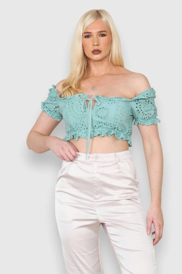 Elaina Fashion Women's  On-Off Shoulder Floral Eyelet Embroidery Broderie Cotton Crop Top
