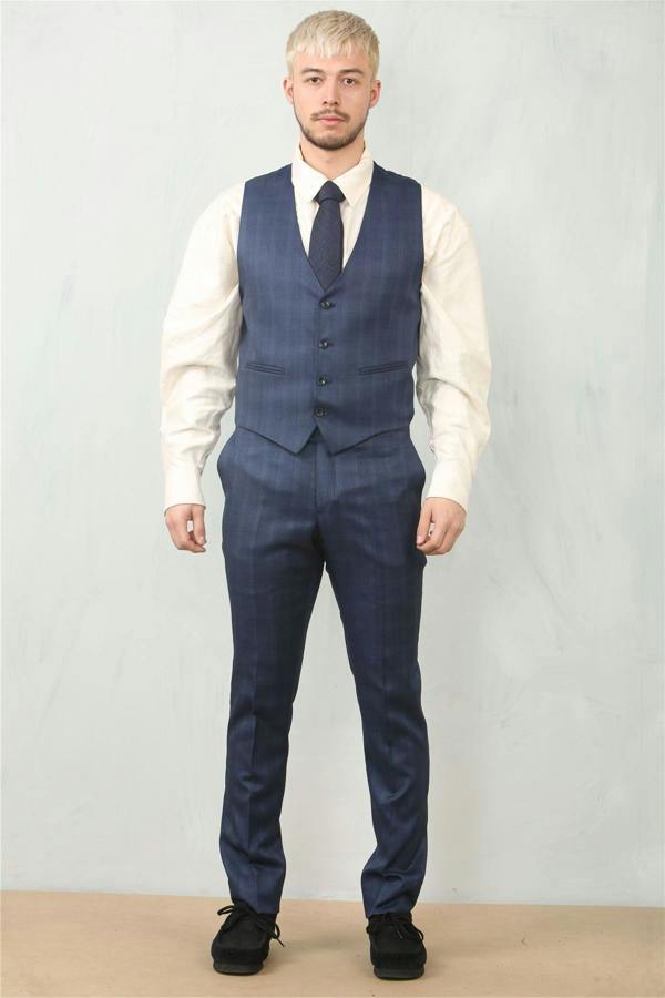 Infinity Leather Men's 3 Piece Prince Of Wales Blue Suit Workwear