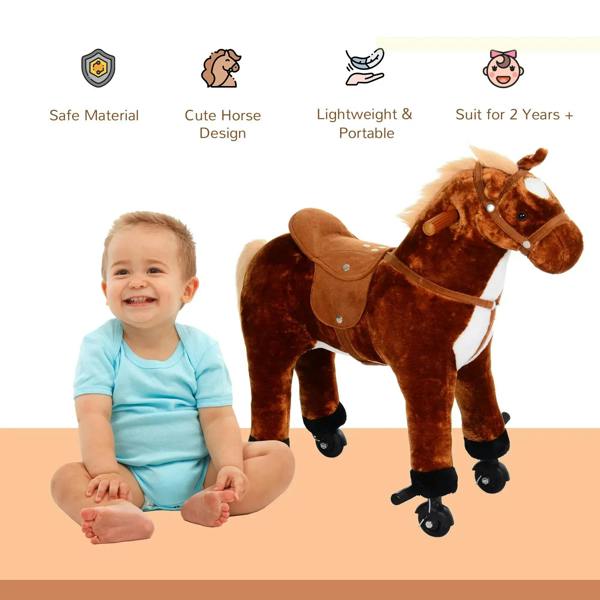 Plush brown ride-on rocking horse toy with tan saddle and black rolling wheels