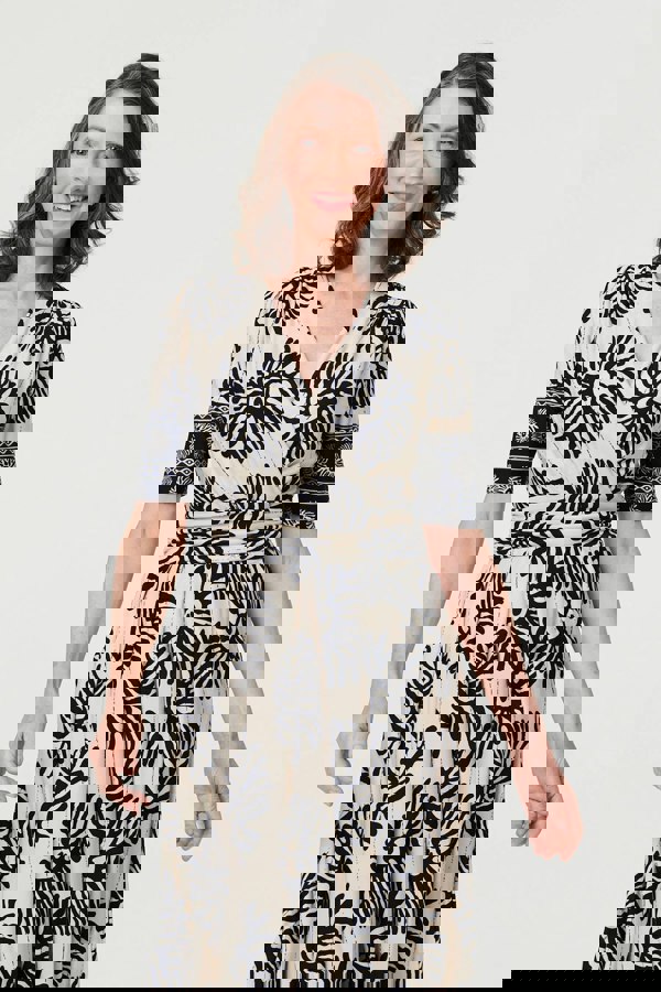 Navy | Border Print Ruched V-Neck Midi Dress
