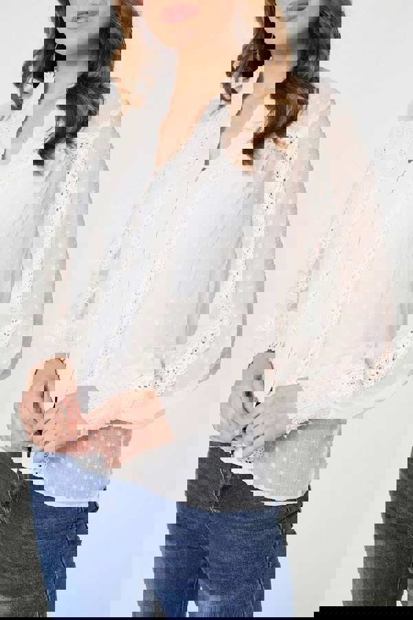 Ivory | Lace Trim High Neck Long Sleeve Blouse
