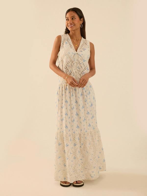Rose & Nancy Nell White Cotton Printed Floral Lace Maxi Skirt