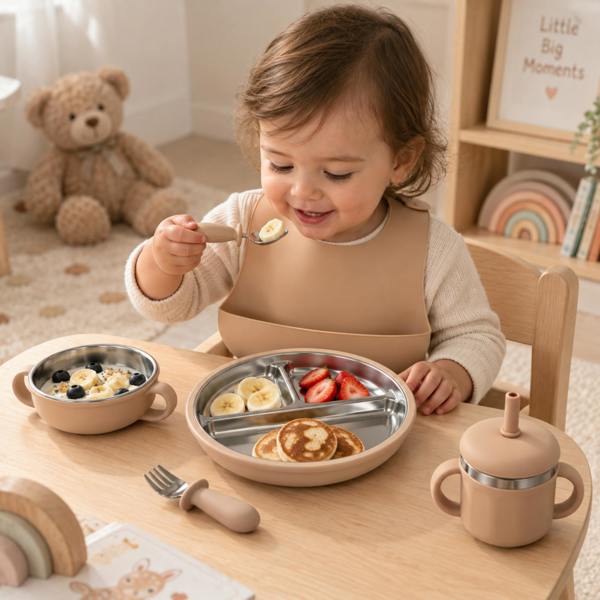 Maison des Cadeaux Set of 7 Baby Feeding & Weaning Set with Stainless Steel Plate, Bowl, Bib, Cup & Cutlery-Brown