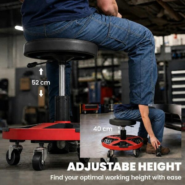 Rolling Mechanic Stool, 40-52 cm Height Adjustable Workshop Stool, 135kg 360° Swivel Roller Padded Creeper Seat, Black