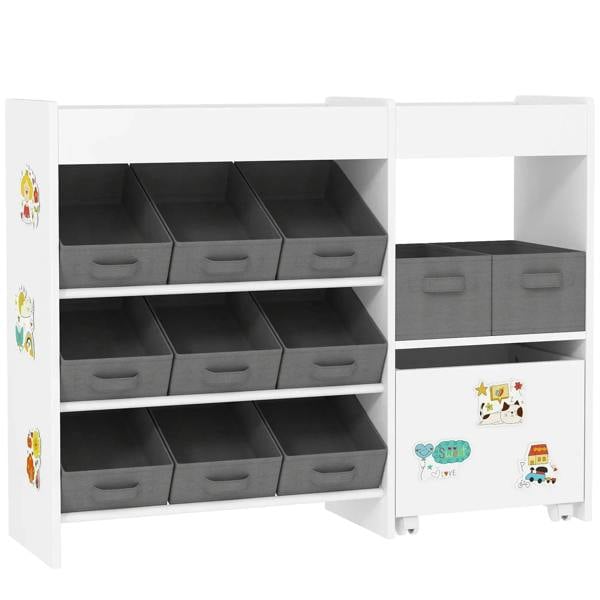 White kids storage cabinet with open shelves, 9 gray bins, and colorful sticker panels