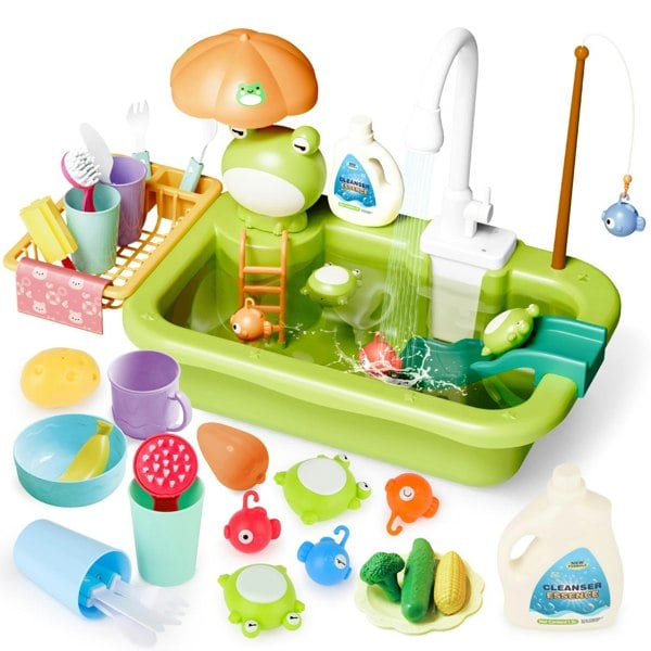 deAO Toys Kitchen Toy Set Simulated Kitchen Frog Duck Sink with Water Supply Function, Simulated Dishwashing Set
