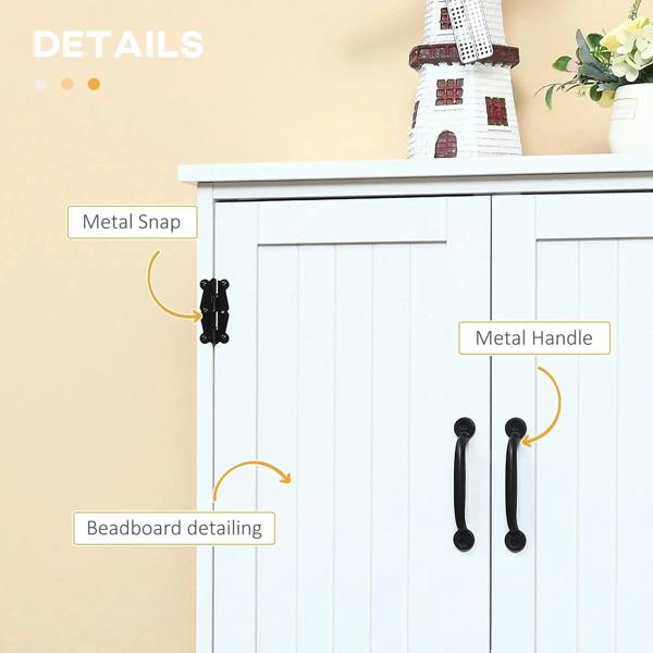 White cabinet doors with metal snap hinges and black bead-style handles