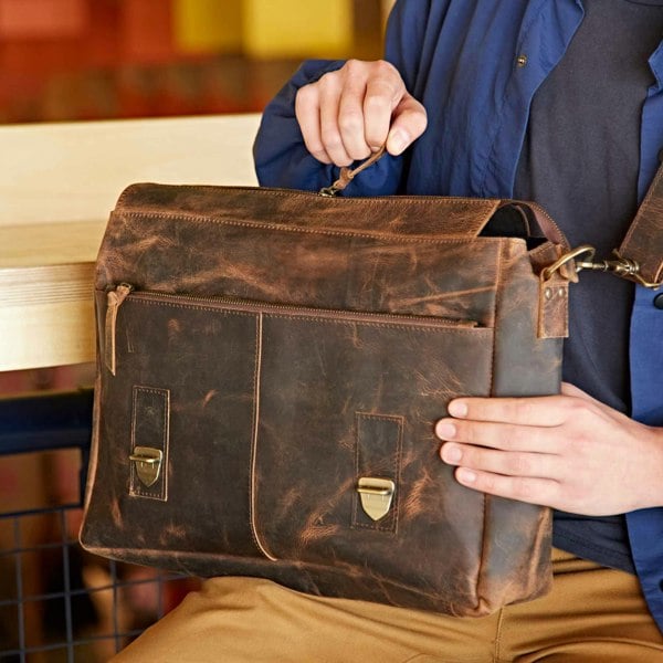 Paper High Brown Buffalo Leather Satchel Style Messenger Bag