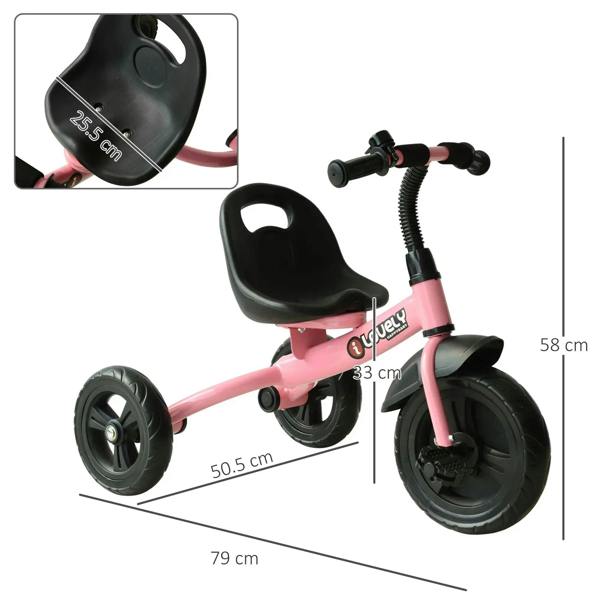 Pink 3-wheel tricycle with black seat and handlebar, side view with size markings