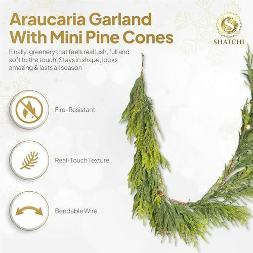 18cm Green Araucaria Garland with Mini Pine Cones for Festive Home Decor image 4
