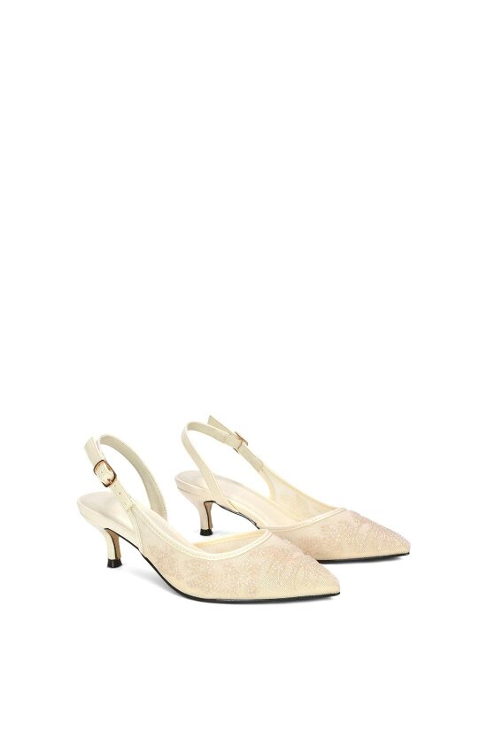 XY LONDON Embroidered Slingback Court Shoes With Kitten Heel