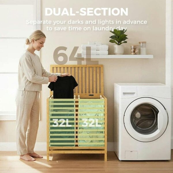 Bamboo Laundry Basket with Lid, 2 Baskets, Foldable, 64L, Natural and Cream White